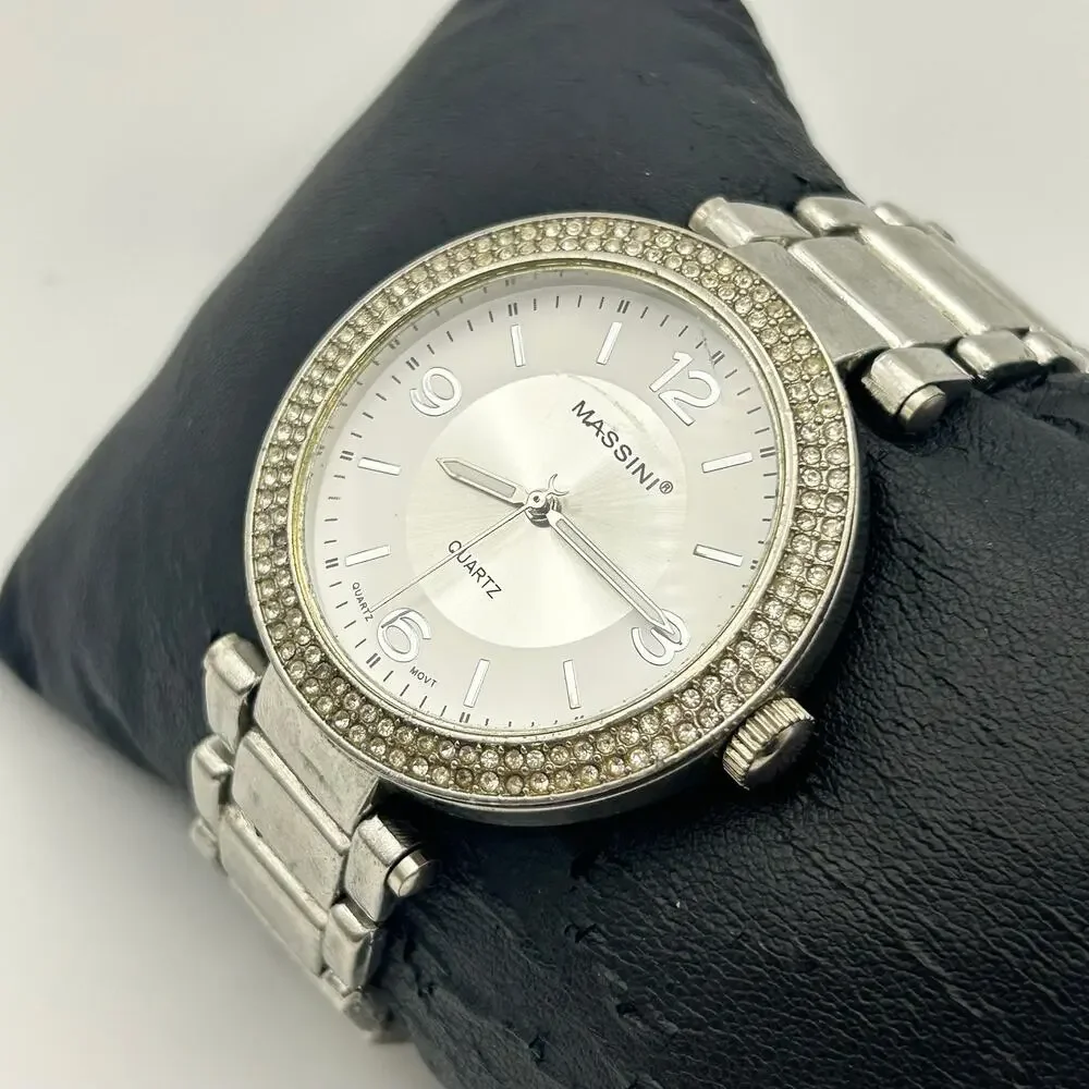 Massini Silver-tone Crystal Bezel Quartz Watch Working New Battery
